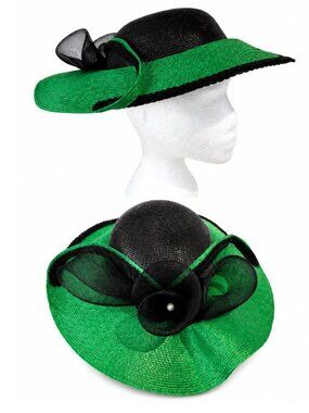 Black Green Wide Brim Dress Hat Pearl Mesh Bow Church Derby Hat
